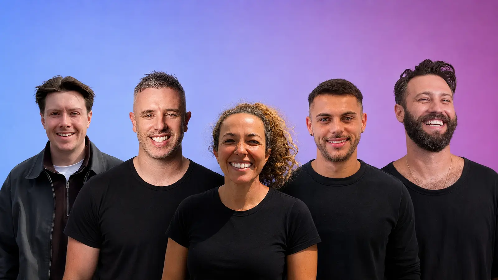 Five of the tekFinder team in black T-shirts against a blue and purple studio backdrop